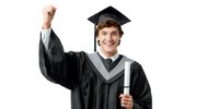 Happy young Caucasian male graduate in black cap and gown celebrating with raised fist holding diploma on white background isolated for design use.