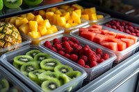 Colorful fresh fruit display in clear containers at market or cafe, featuring sliced kiwi, raspberries, mango, and strawberries for food service and retail.