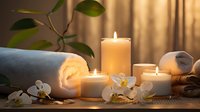 Relaxing spa composition with glowing candles, white orchids, rolled towels and massage stones on bamboo mat in warm ambient lighting.