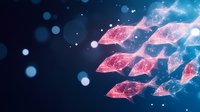 Glowing pink geometric shapes form school of fish in deep blue cosmic space with bokeh lights and particles, digital art style composition.