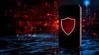 Glowing red shield icon on smartphone screen with digital network background in blue and red colors, representing cybersecurity and data protection concept.
