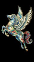 Ornate winged horse with decorative blue, gold, and red patterns, isolated on transparent background. Ready for t-shirt design, clipart, stickers, sublimation, and print-on-demand products.