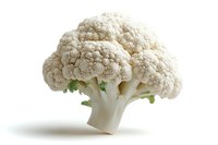Fresh cauliflower head with dense white florets and green stem isolated on white background, perfect for healthy cooking and nutrition content.