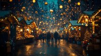 Magical evening at winter market with glowing lanterns and fairy lights illuminating wooden stalls. Silhouettes of people walking through festive atmosphere.