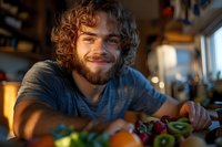 Young Caucasian man with curly hair and beard smiling while cooking fresh vegetables in modern kitchen. Healthy lifestyle and home cooking concept.