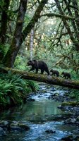 Black bear mother with two cubs walking across fallen log over forest stream surrounded by moss-covered trees and lush vegetation, wildlife nature scene for editorial and conservation projects.