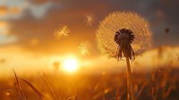 Dandelion seeds floating in golden sunset light over meadow, creating dreamy atmosphere for nature backgrounds and tranquil wellness concepts.