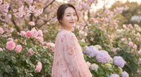 Young Asian woman in pink lace dress smiling in blooming spring garden with cherry blossoms and roses during golden hour sunset light for lifestyle photography.
