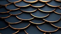 Metallic copper scales pattern on dark background creates dramatic lighting effect and luxurious texture. Modern abstract architectural detail for design projects.