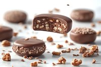 Chocolate candy with nuts floating in air showing cross section interior filled with crunchy pieces. Scattered nuts and crumbs on white surface create dynamic composition.