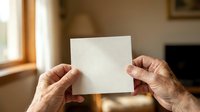 Senior adult hands holding blank white card with warm indoor lighting and window background, suitable for greeting cards, invitations, announcements, and promotional messaging.