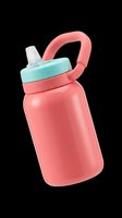 Pink kids water bottle with mint lid and straw spout, isolated on transparent background, ready for stickers, clipart, print on demand, and t-shirt design use.