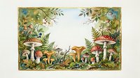 Enchanted forest frame with mushrooms, ferns and foliage creating magical woodland border for nature designs and fairy tale illustrations.