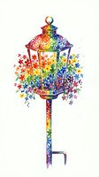 Colorful rainbow lantern with cascading flowers and foliage, isolated on white background. Perfect for garden decor, spring designs, and artistic projects.