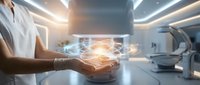Healthcare professional using holographic medical technology in modern hospital room with advanced equipment and futuristic digital interface display.