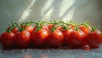 Fresh cherry tomatoes on vine with water drops, dramatic lighting creates appetizing mood for food photography and culinary design projects.