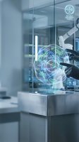 Scientist in laboratory examining holographic brain model with neural pathways, conducting biomedical research and development in modern facility.