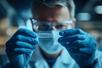 Medical scientist in protective mask and gloves examining test tube sample in modern laboratory with dramatic blue lighting and bokeh background.