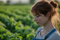 Young woman with hair bun wearing denim overalls stands thoughtfully in green agricultural field during golden hour, side profile view showcases natural farming lifestyle.