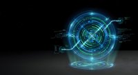 Futuristic holographic interface with glowing blue circular HUD display and digital elements on dark background for technology presentations.