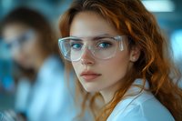 Young female scientist wearing protective eyewear and lab coat with red hair and blue eyes in research laboratory setting, professional medical portrait.