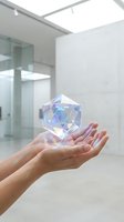 Hands holding floating holographic geometric crystal with rainbow reflections in modern white interior space for technology and innovation concepts.