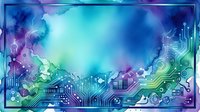 Futuristic digital technology background with glowing circuit board patterns and holographic elements in blue purple gradient colors for tech presentations.