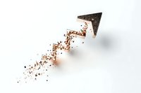 Upward arrow shape disintegrating into scattered particles, creating dynamic motion effect on white background. Isolated design element for business concepts.
