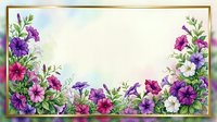 Watercolor petunia floral border frame with purple, pink and white blooms on soft pastel background with gold border and copy space.