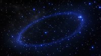 Mysterious blue cosmic ring formation in deep space surrounded by bright stars and stellar clusters against dark universe background. Celestial phenomenon.