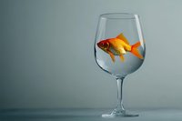 Vibrant goldfish swimming inside a clear wine glass filled with water, creative surreal concept on a gray background.