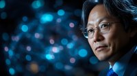 Professional Asian businessman with glasses looking thoughtfully at glowing digital network connections representing technology innovation and future business solutions.