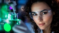 Young Hispanic female scientist in protective eyewear working in research laboratory with glowing green chemical solutions and experimental equipment in background.