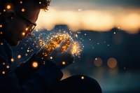 Young woman blowing magical glowing sparkles at sunset, silhouette against blurred bokeh background creates dreamy atmosphere for fantasy and wonder concepts.