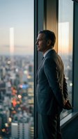 Middle-aged male professional in business suit gazing at cityscape from high-rise window at sunset, contemplating urban skyline with bokeh lights below, suitable for corporate, leadership, and business concepts.