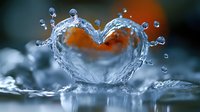 Water splash forming heart shape with droplets against orange background, frozen moment capturing liquid dynamics and reflection on wet surface.