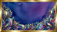Ornate gold floral frame with vibrant peacock feathers and decorative botanical elements on deep blue and purple gradient background, isolated on white for design use.