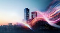 Modern cityscape with glowing pink and blue light waves flowing through urban skyscrapers at sunset, creating dynamic motion effect against metropolitan skyline background.