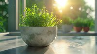 Fresh microgreens growing in concrete pot on windowsill with morning sunlight streaming through, creating warm atmosphere and natural bokeh effect in background.