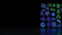 Business technology icons glowing in neon blue and green colors on dark background for digital transformation and data analytics presentations.