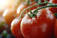 Fresh ripe red tomatoes with water droplets on vine in warm sunlight for healthy cooking and organic farming concepts.