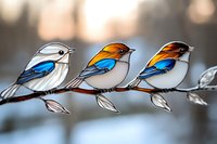 Three colorful songbirds perched on branch with soft bokeh background, artistic nature illustration in gentle colors featuring blue, orange and white plumage.