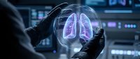 Scientist in black gloves holding glowing holographic lungs in laboratory setting with digital interface background for medical research and healthcare technology concepts.