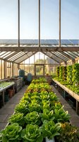Modern greenhouse interior with solar panels on roof growing fresh lettuce and leafy greens in sustainable hydroponic farming system for organic agriculture.