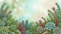 Watercolor succulent garden border with soft pastel background, featuring diverse green and pink plants with copy space for text.