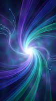 Abstract swirling energy vortex with vibrant purple blue green light rays creating dynamic spiral motion on dark background for digital art projects.