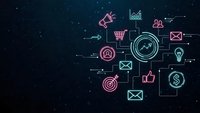 Digital marketing network with glowing neon icons including analytics, email, social media and business symbols on dark starry background for campaigns.