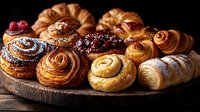 Assorted fresh pastries and baked goods on wooden board including croissants, Danish pastries, cinnamon rolls and sweet breads for bakery display.