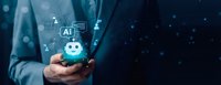 Professional businessman holding smartphone with AI chatbot interface and digital network connections in modern technology concept.