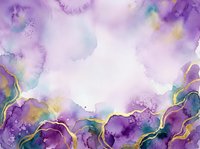 Watercolor abstract background with flowing purple, lavender, and gold pigments creating organic shapes and soft transitions, ideal for invitations, wallpapers, and creative design projects.